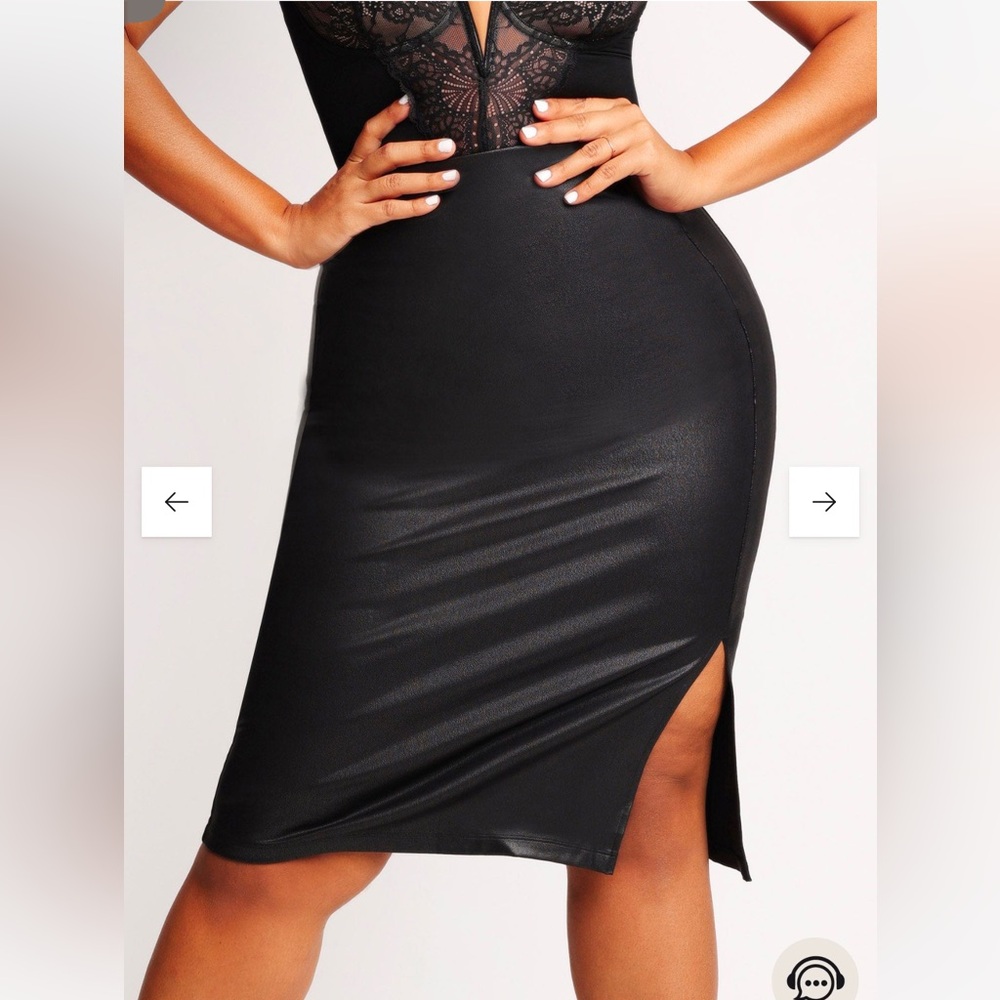 Shapewear Sculpting Faux Leather Front Slit Midi Skirt